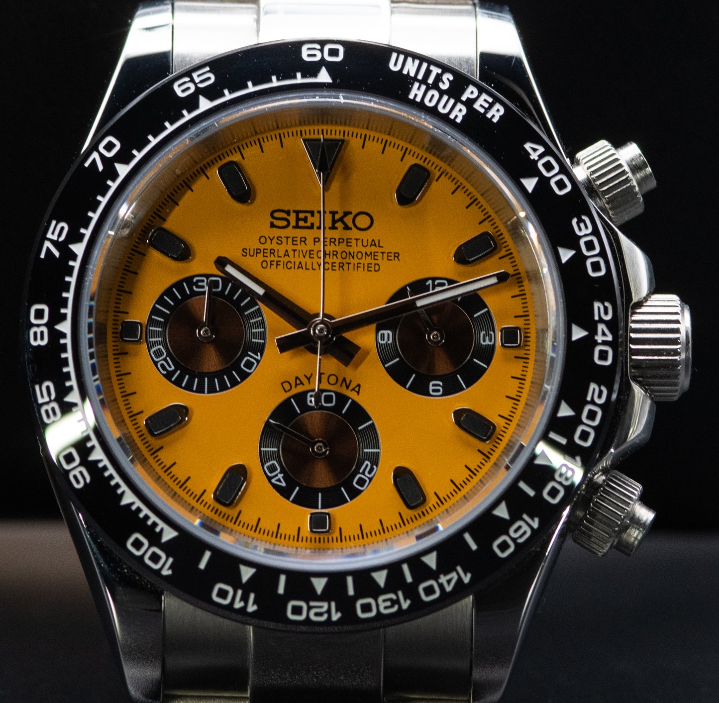 Stop Light Yellow Seiko Daytona homage watch with copper sub dials.