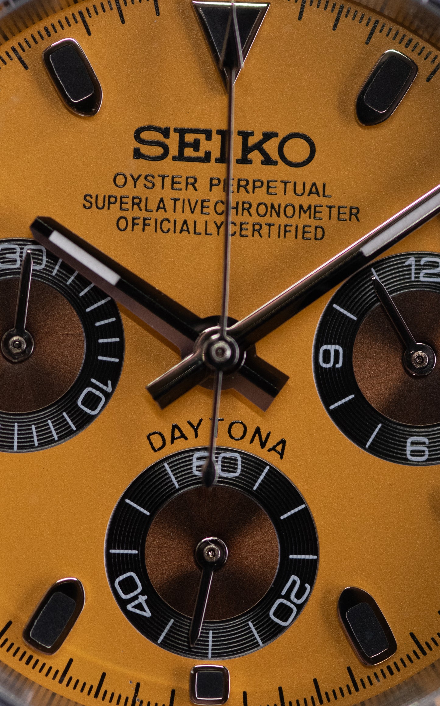 Stop Light Yellow Seiko Daytona homage watch with copper sub dials.