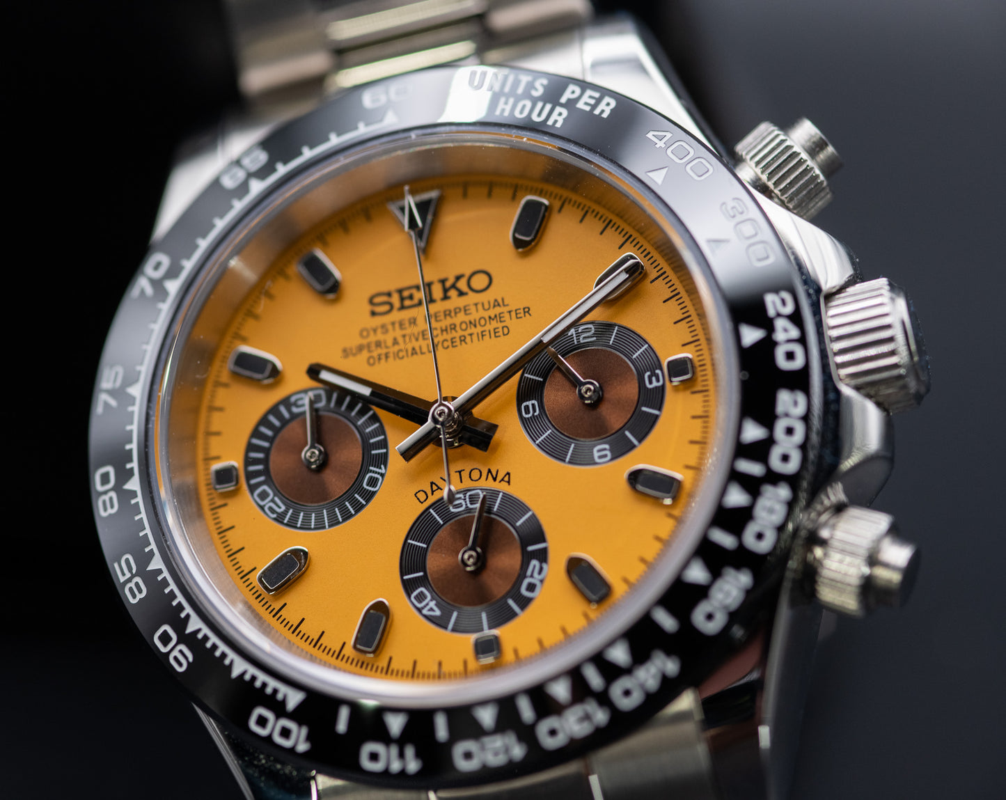 Stop Light Yellow Seiko Daytona homage watch with copper sub dials.