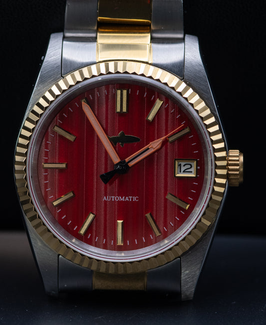 Textured Red dial two tone watch with two tone oyster bracelet with hollow end links