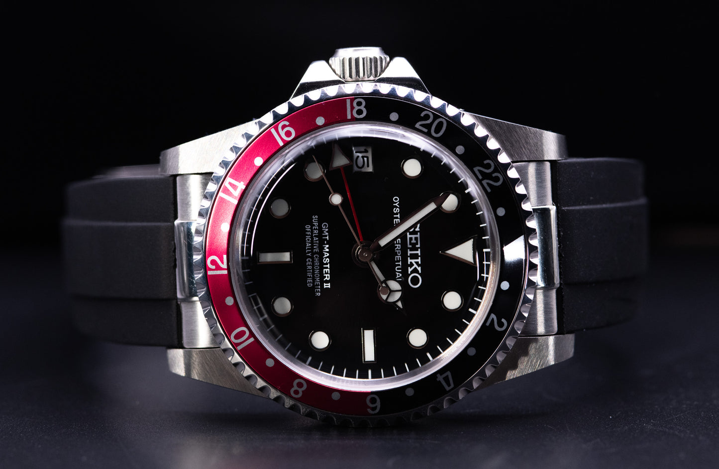 Seiko homage Destro Coke GMT Master II "Thick" edition with solid end link rubber strap with clasp.