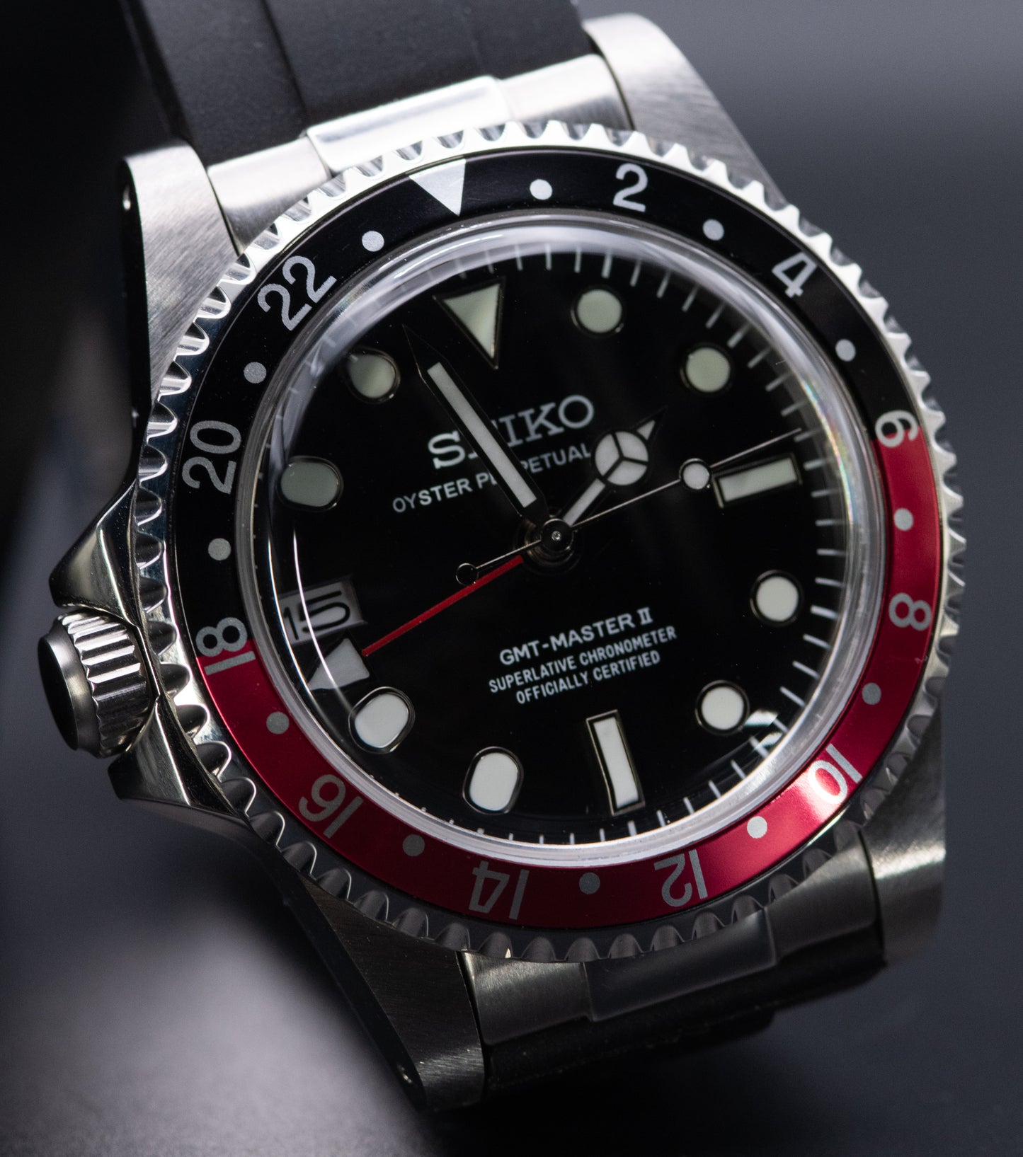 Seiko homage Destro Coke GMT Master II "Thick" edition with solid end link rubber strap with clasp.