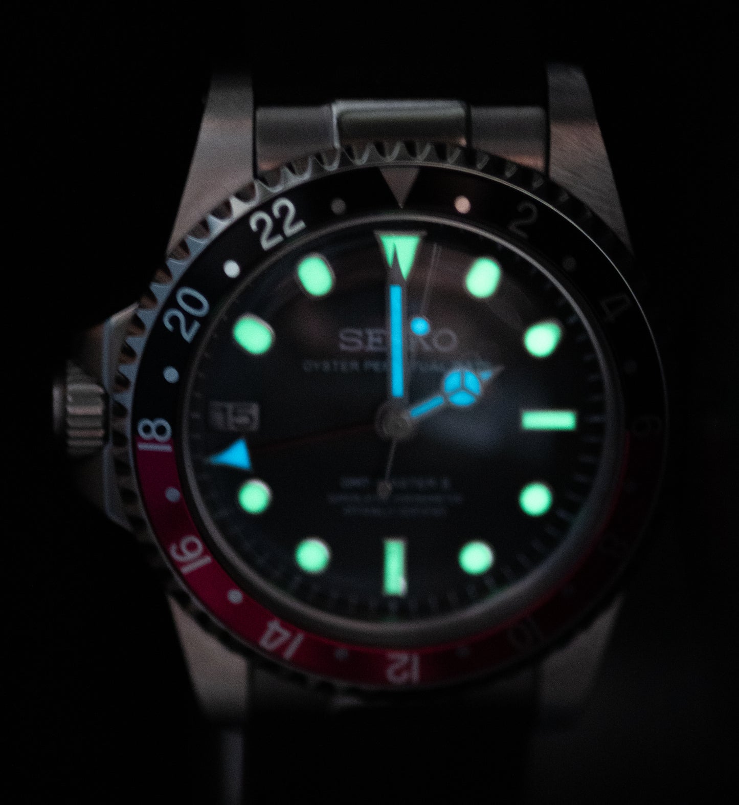 Seiko homage Destro Coke GMT Master II "Thick" edition with solid end link rubber strap with clasp.